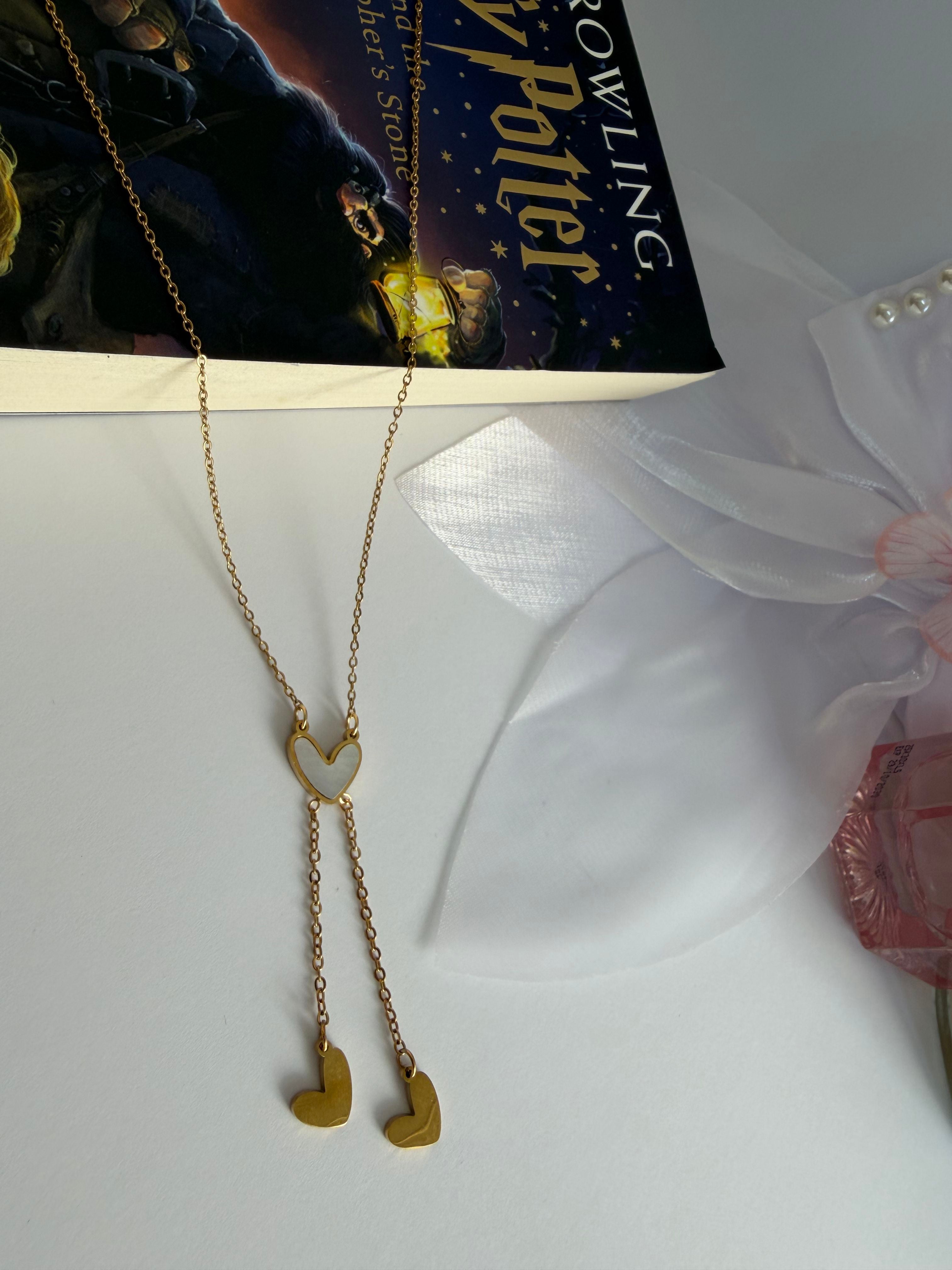 Golden Twin Heart Drop Necklace
