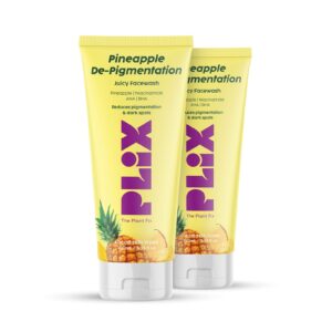 Plix Pineapple De-Pigmentation Face Wash is a refreshing, juicy cleanser designed to help reduce pigmentation, dark spots, and uneven skin tone. Powered by the goodness of Pineapple Extract, Niacinamide, AHA, and BHA, this face wash gently exfoliates the skin while cleansing it deeply. The natural enzymes from pineapple help remove dead skin cells, revealing brighter and smoother skin. Niacinamide works to improve skin texture, minimize the appearance of dark spots, and support a healthy skin barrier. AHA and BHA help unclog pores, refine skin texture, and promote clear, glowing skin. Its gentle yet effective formula makes it suitable for daily use and for all skin types. With regular use, skin looks visibly brighter, clearer, and more even-toned.